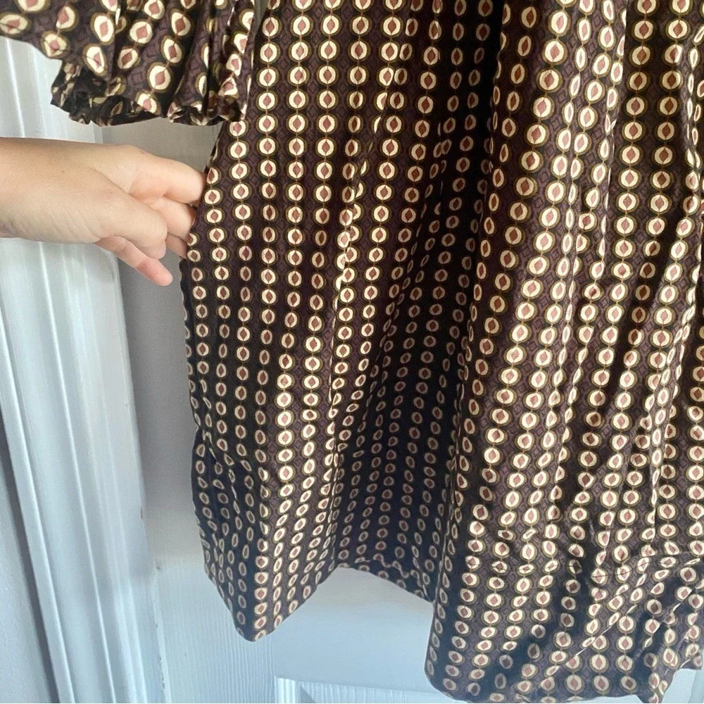 Free People Brown Geometric Print Smocked Sleeve Mini Dress Square‎ Neck SMALL
